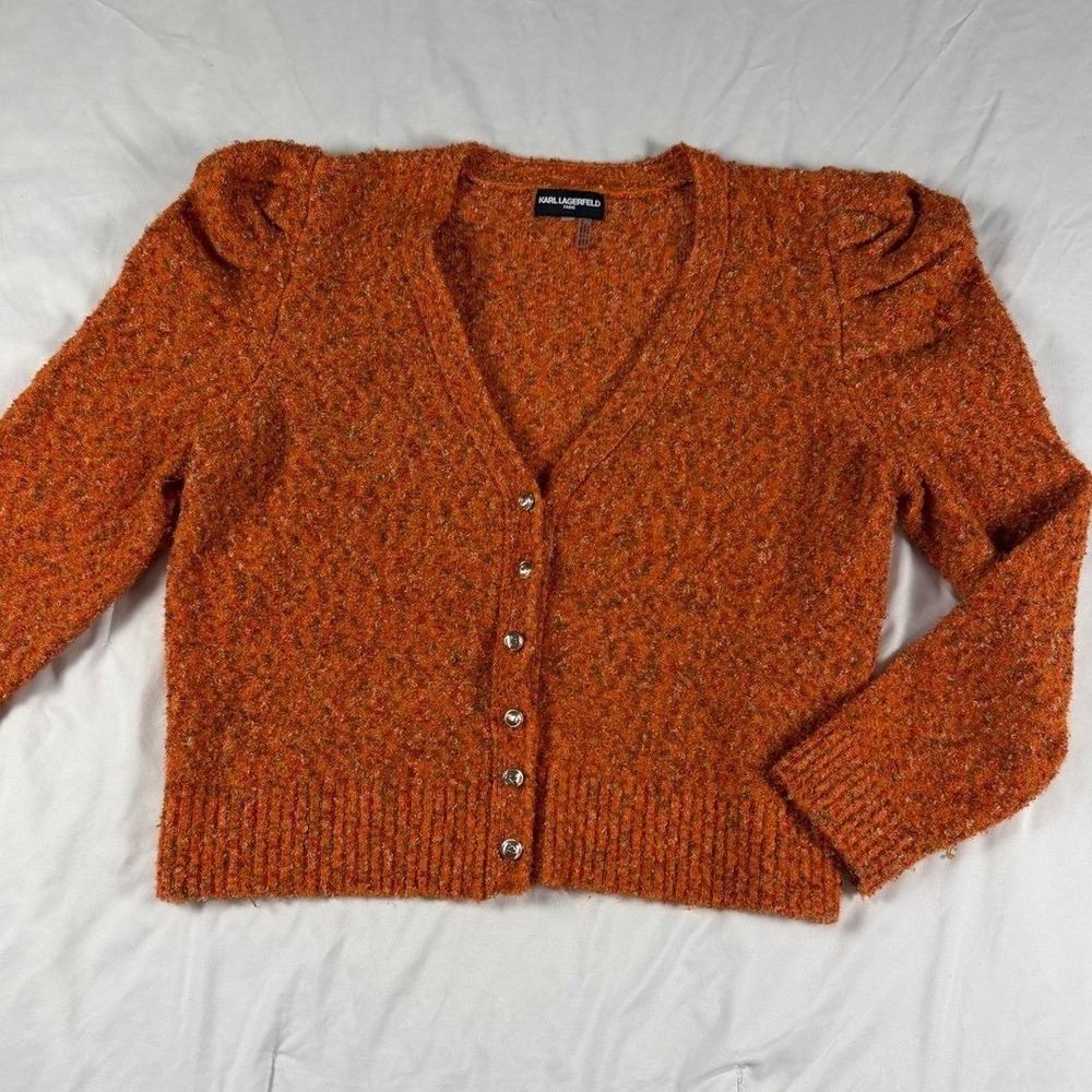 Karl Lagerfeld Paris Womens Orange Boucle Puff Shoulder V-Neck Cardigan Sweater